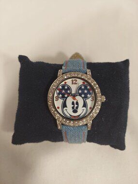 NOS Disney Red, White, & Blue Rhinestone Mickey Watch Denim & Leather Japan
